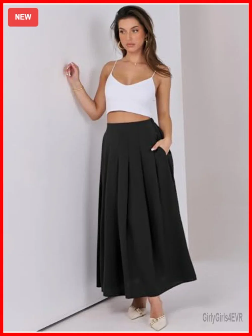 Womens Pleated Maxi Skirt High Waisted Ankle Length Pockets 100% Polyester